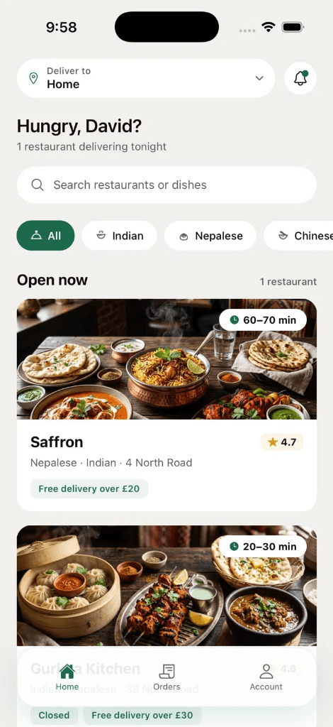 Eats home page showing available local restaurants in Lerwick